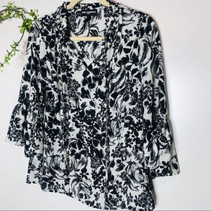 Karl Lagerfeld Black White Floral Bell Sleeve Top